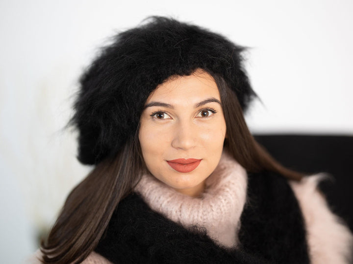Black Mohair Hat – Hand Knitted Fluffy Slouchy Beanie Balaclava T1171