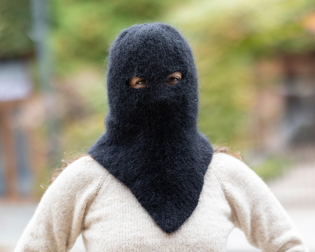 Black Mohair Balaclava – Hand Knitted Fluffy Slouchy Beanie Winter Hat T1506