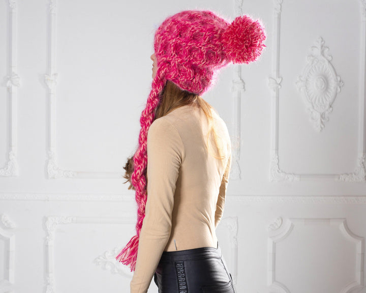 Pink Mohair Cable Knit Hat, Braided Slouchy Beanie