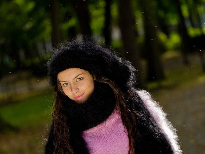 Black Mohair Hat – Hand Knitted Fluffy Slouchy Beanie Balaclava T177a