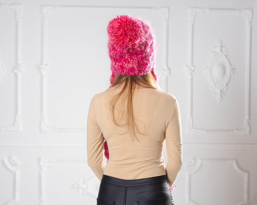 Pink Mohair Cable Knit Hat, Braided Slouchy Beanie