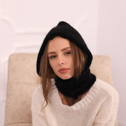 Schwarze Mohair Sturmhaube – Handgestrickte flauschige Kapuze, weiche Winter-Skimaske T2024