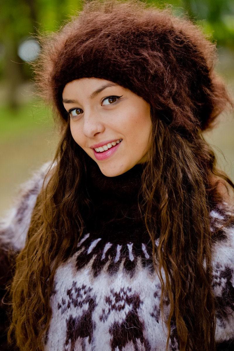 Brown Mohair Hat – Hand Knitted Fluffy Slouchy Beanie Balaclava T177