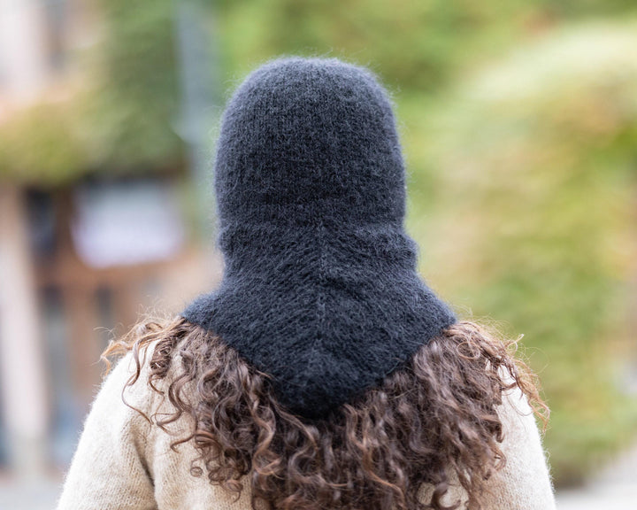 Black Mohair Balaclava – Hand Knitted Fluffy Slouchy Beanie Winter Hat T1506