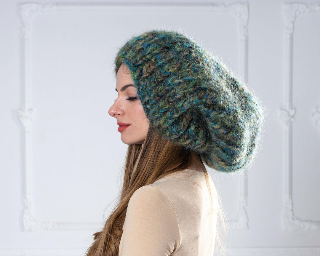 Green Melange Mohair Balaclava – Hand Knitted 6-Strand Fluffy Slouchy Hat T1000