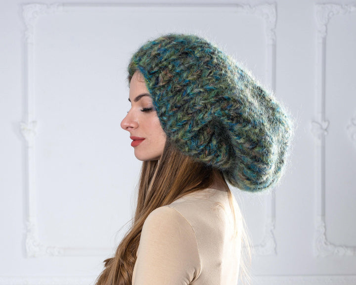Green Melange Mohair Balaclava – Hand Knitted 6-Strand Fluffy Slouchy Hat T1000