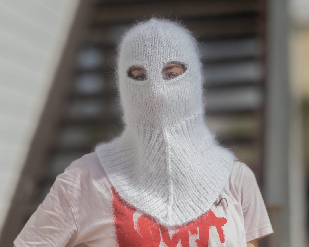 White Mohair Balaclava – Hand Knitted Fluffy Slouchy Beanie Ski Mask T1438