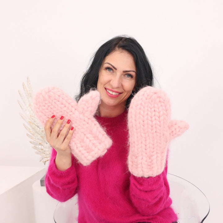 Pink Mohair Mittens – Hand Knitted Extra Chunky Fluffy Gloves T1624