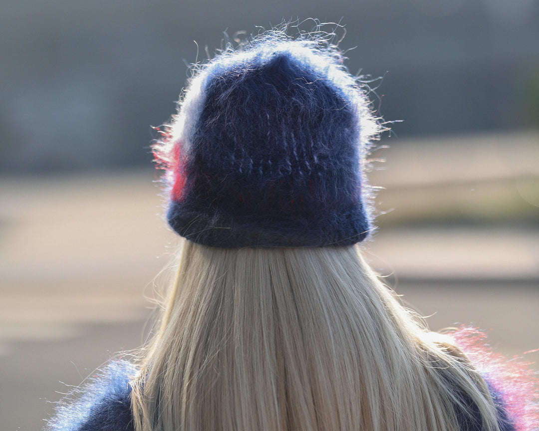 Chile Flag Mohair Hat – Hand Knitted Fluffy Tricolor Winter Beanie T1482