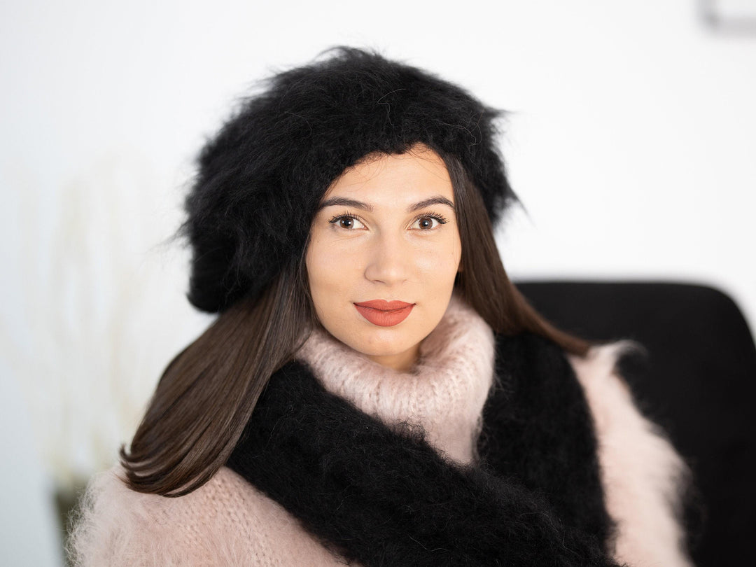 Black Mohair Hat – Hand Knitted Fluffy Slouchy Beanie Balaclava T1171