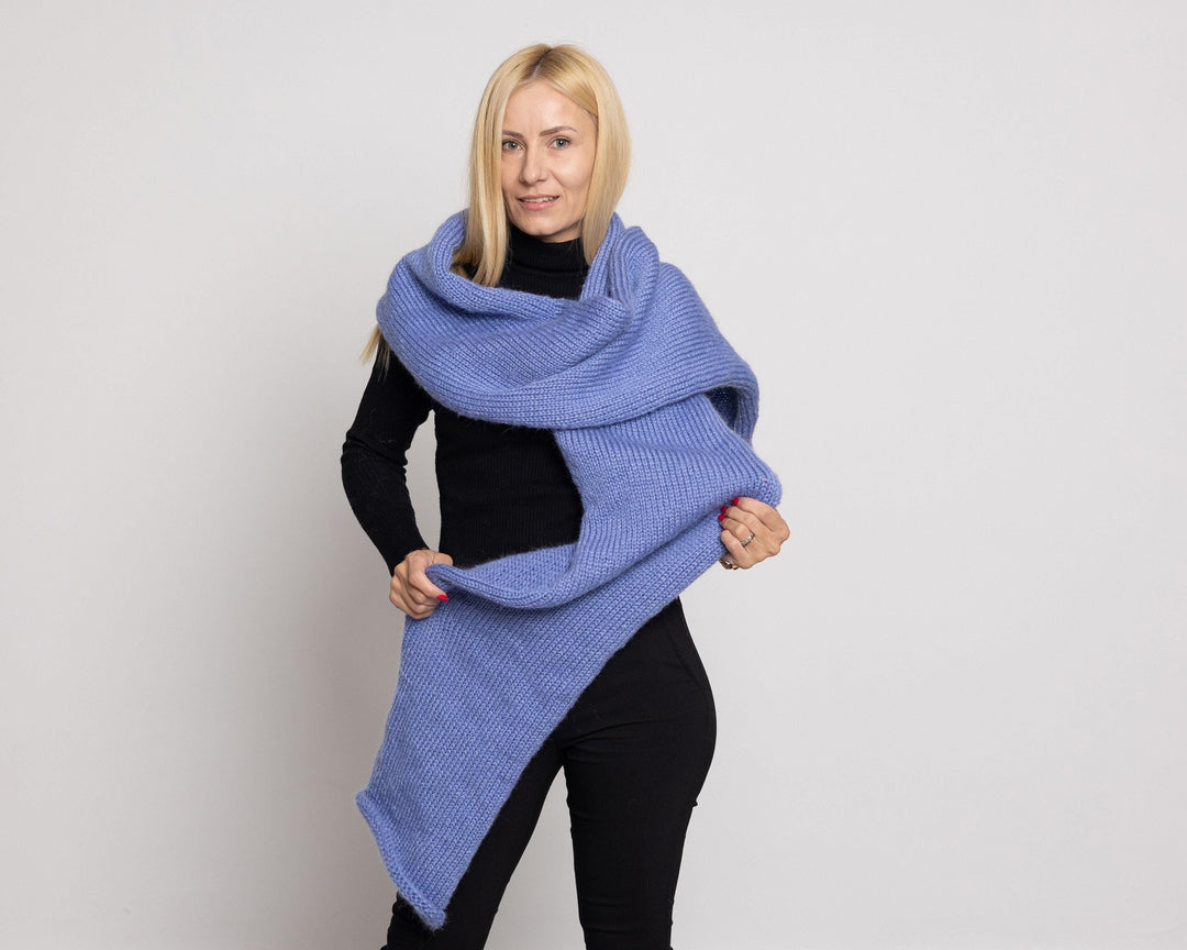 Blue Mohair Scarf – Hand Knitted Fluffy Long Wrap Shawl T1526