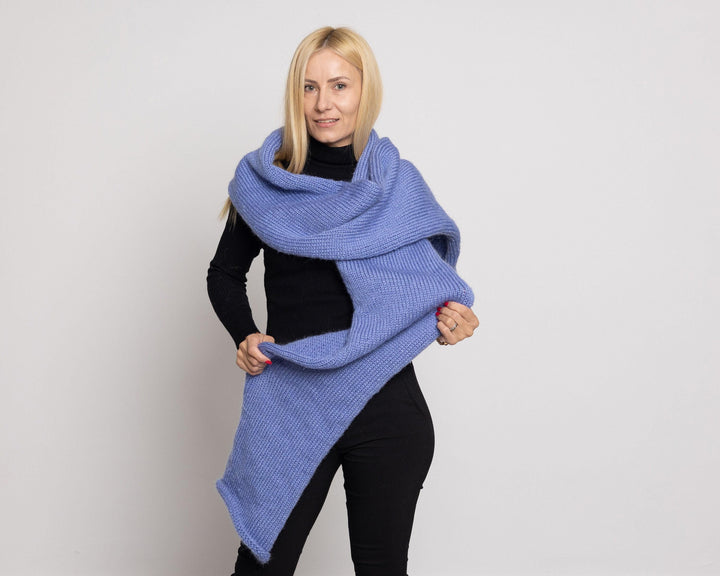 Blue Mohair Scarf – Hand Knitted Fluffy Long Wrap Shawl T1526
