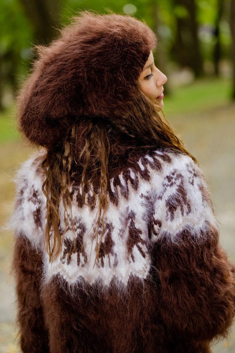Brown Mohair Hat – Hand Knitted Fluffy Slouchy Beanie Balaclava T177