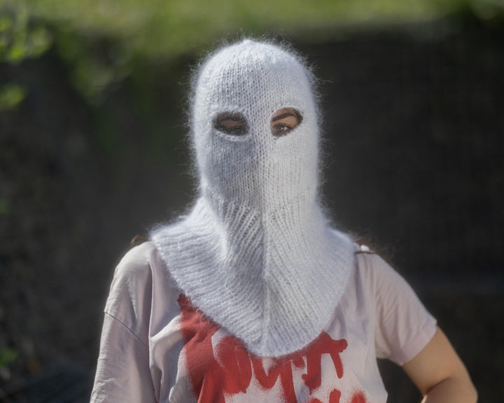 White Mohair Balaclava – Hand Knitted Fluffy Slouchy Beanie Ski Mask T1438