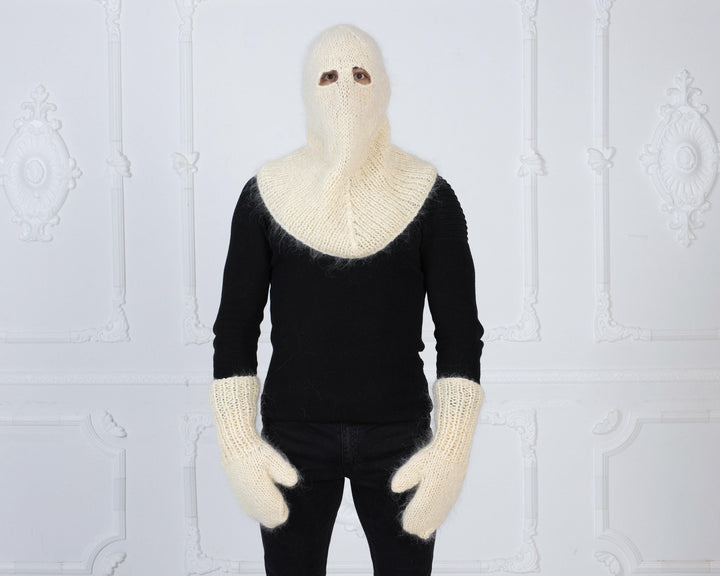 Cream Mohair Mittens – Hand Knitted Fluffy Soft Winter Gloves T1011