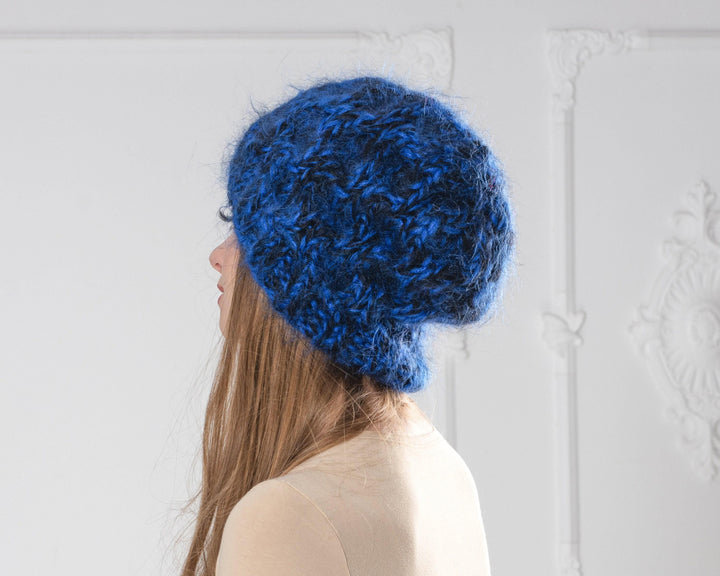 Blue and Black Melange Mohair Hat – Hand Knitted 4-Strand Cable Knit Fluffy Beanie T1004