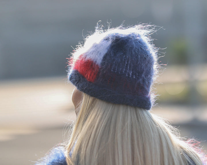 Chile Flag Mohair Hat – Hand Knitted Fluffy Tricolor Winter Beanie T1482
