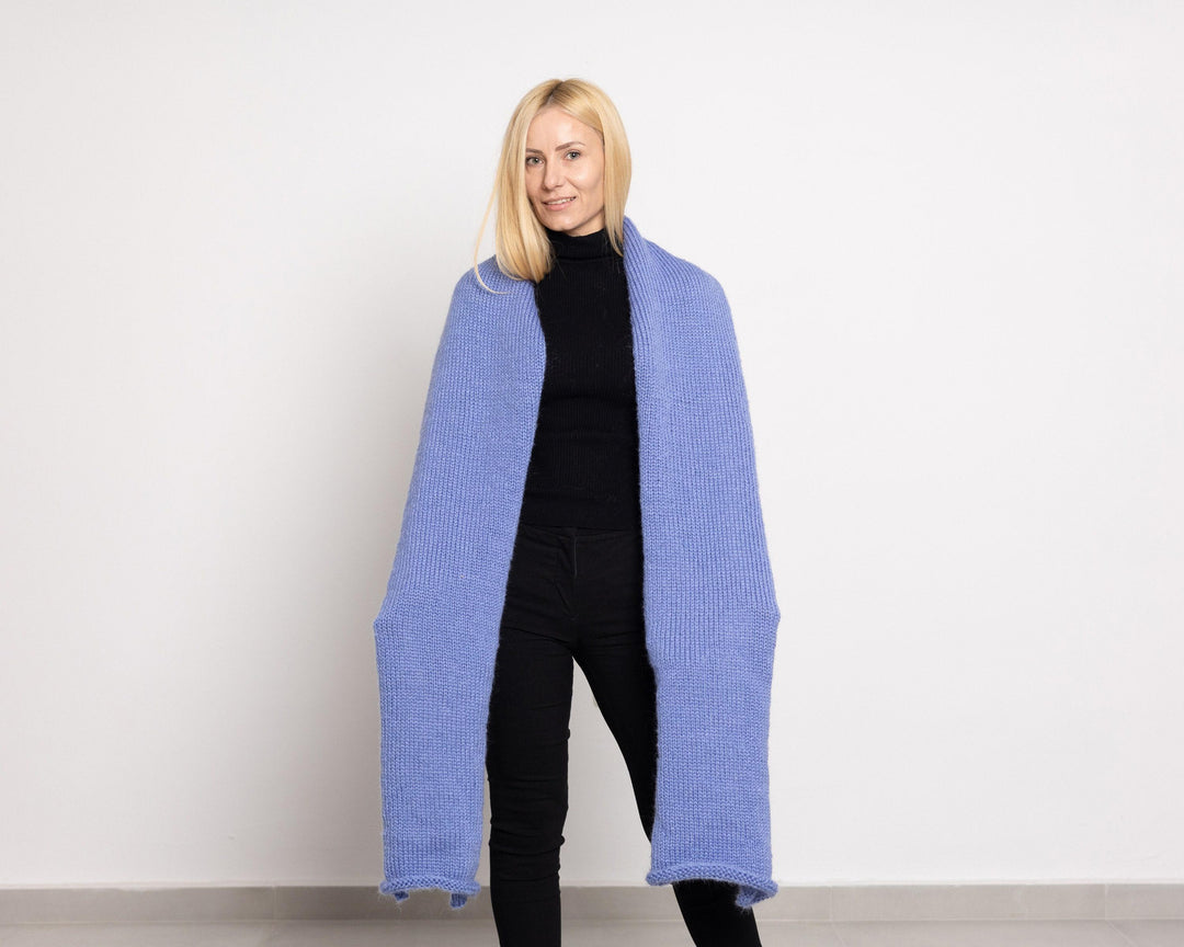 Blue Mohair Scarf – Hand Knitted Fluffy Long Wrap Shawl T1526