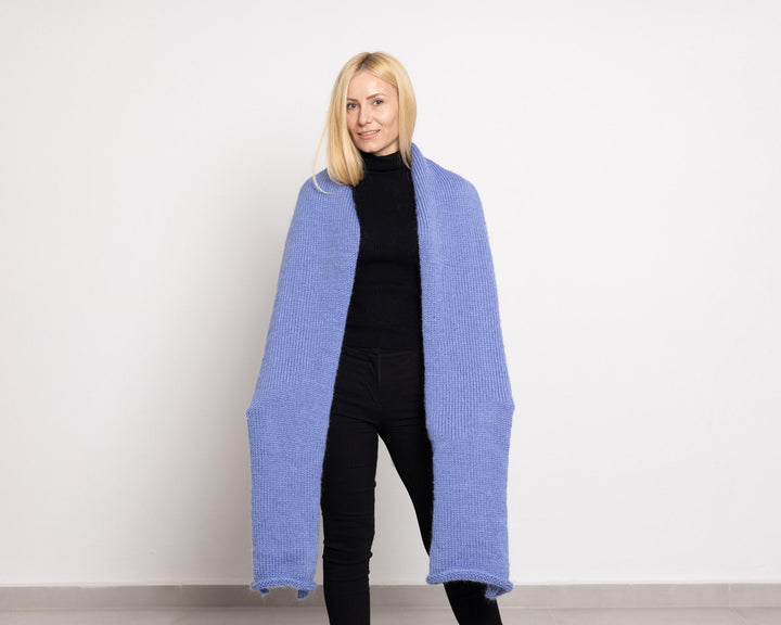 Blue Mohair Scarf – Hand Knitted Fluffy Long Wrap Shawl T1526