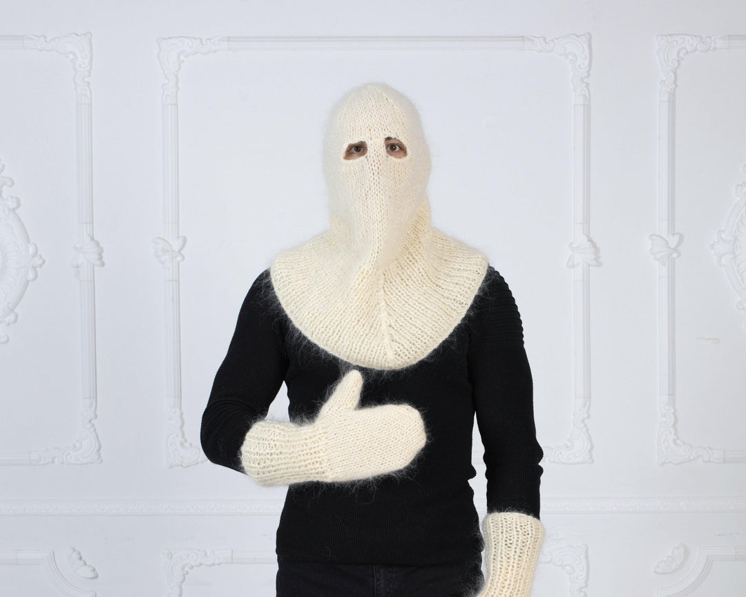 Cream Mohair Mittens – Hand Knitted Fluffy Soft Winter Gloves T1011