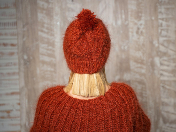 Orange Mohair Hat – Hand Knitted Fluffy Soft Winter Beanie T1148