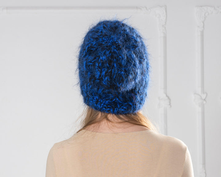 Blue and Black Melange Mohair Hat – Hand Knitted 4-Strand Cable Knit Fluffy Beanie T1004