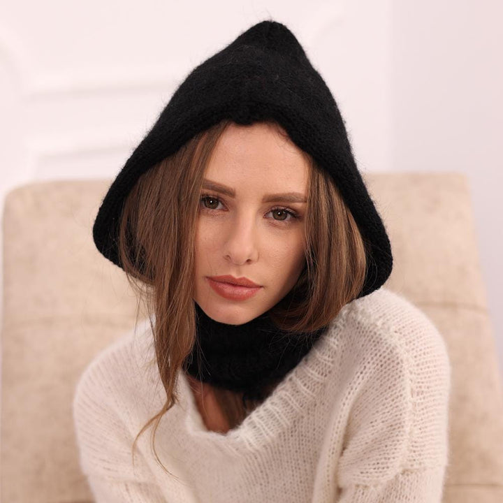 Black Mohair Balaclava Hat – Hand Knitted Fluffy Hood, Soft Winter Ski Mask T2024