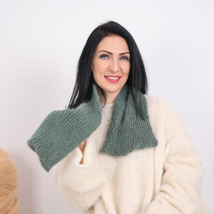 Green Ribbed Mohair Scarf – Hand Knitted Soft Fluffy Shawl, Long Cozy Wrap T1618