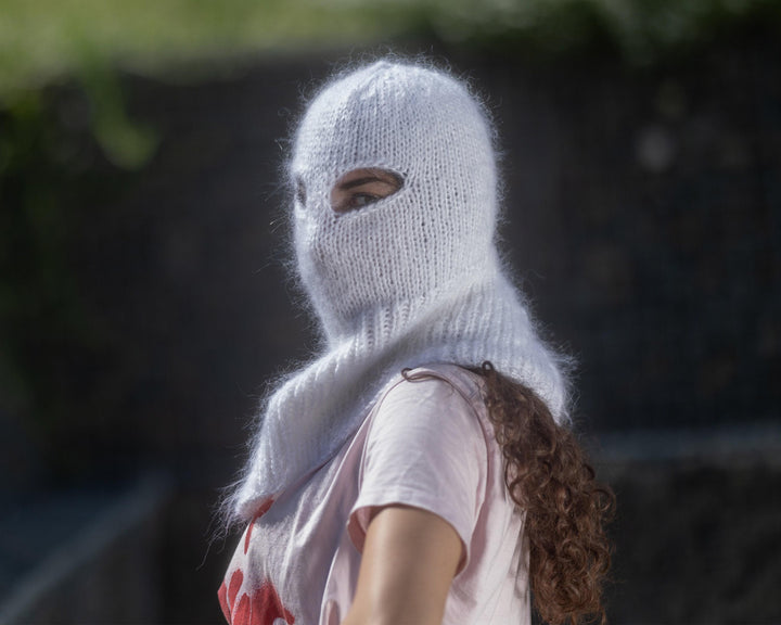 White Mohair Balaclava – Hand Knitted Fluffy Slouchy Beanie Ski Mask T1438