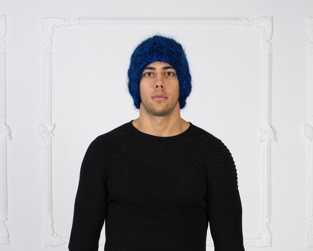 Blue and Black Melange Mohair Hat – Hand Knitted 4-Strand Cable Knit Fluffy Beanie T1004