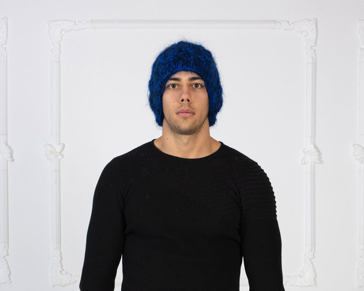 Blue and Black Melange Mohair Hat – Hand Knitted 4-Strand Cable Knit Fluffy Beanie T1004