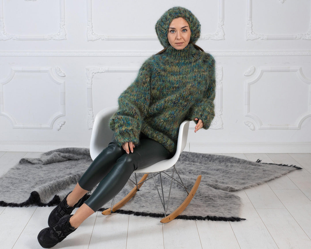 Green Melange Mohair Balaclava – Hand Knitted 6-Strand Fluffy Slouchy Hat T1000