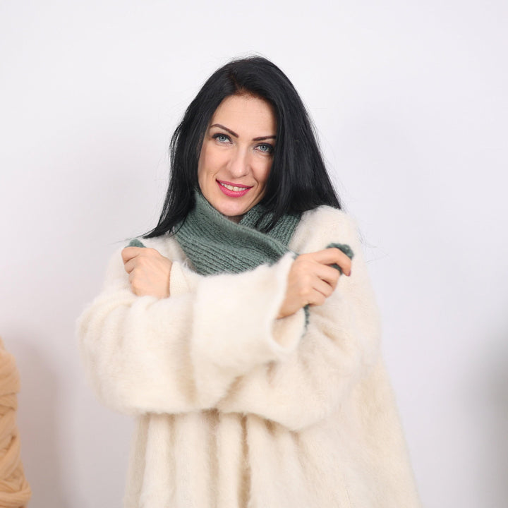 Green Ribbed Mohair Scarf – Hand Knitted Soft Fluffy Shawl, Long Cozy Wrap T1618
