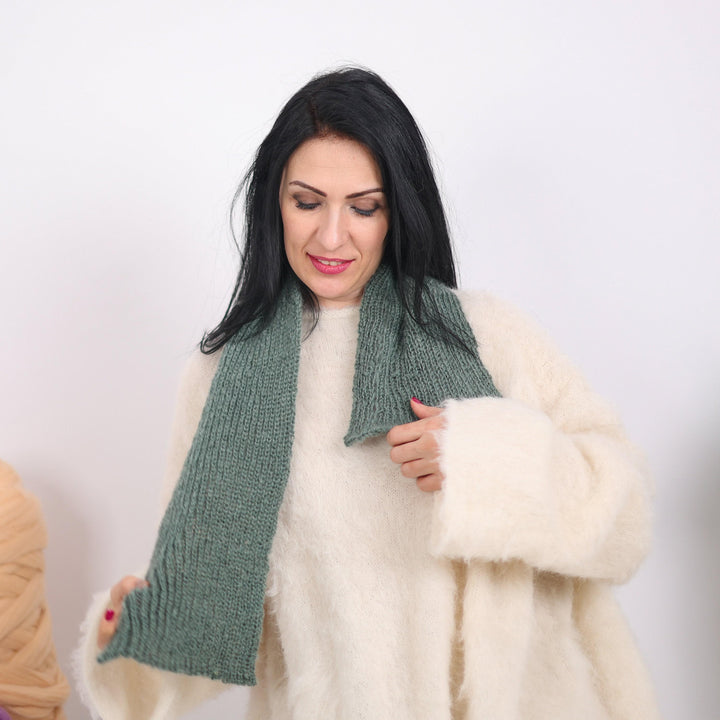 Green Ribbed Mohair Scarf – Hand Knitted Soft Fluffy Shawl, Long Cozy Wrap T1618