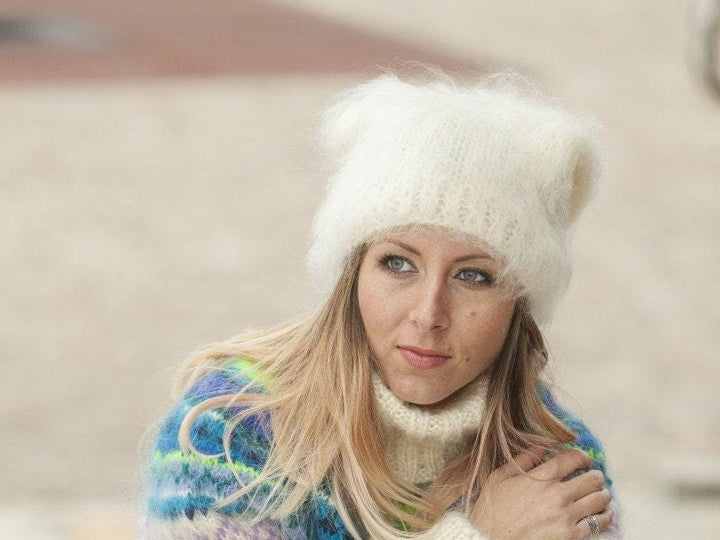 Cream Mohair Hat – Hand Knitted Fluffy Slouchy Beanie Balaclava T490