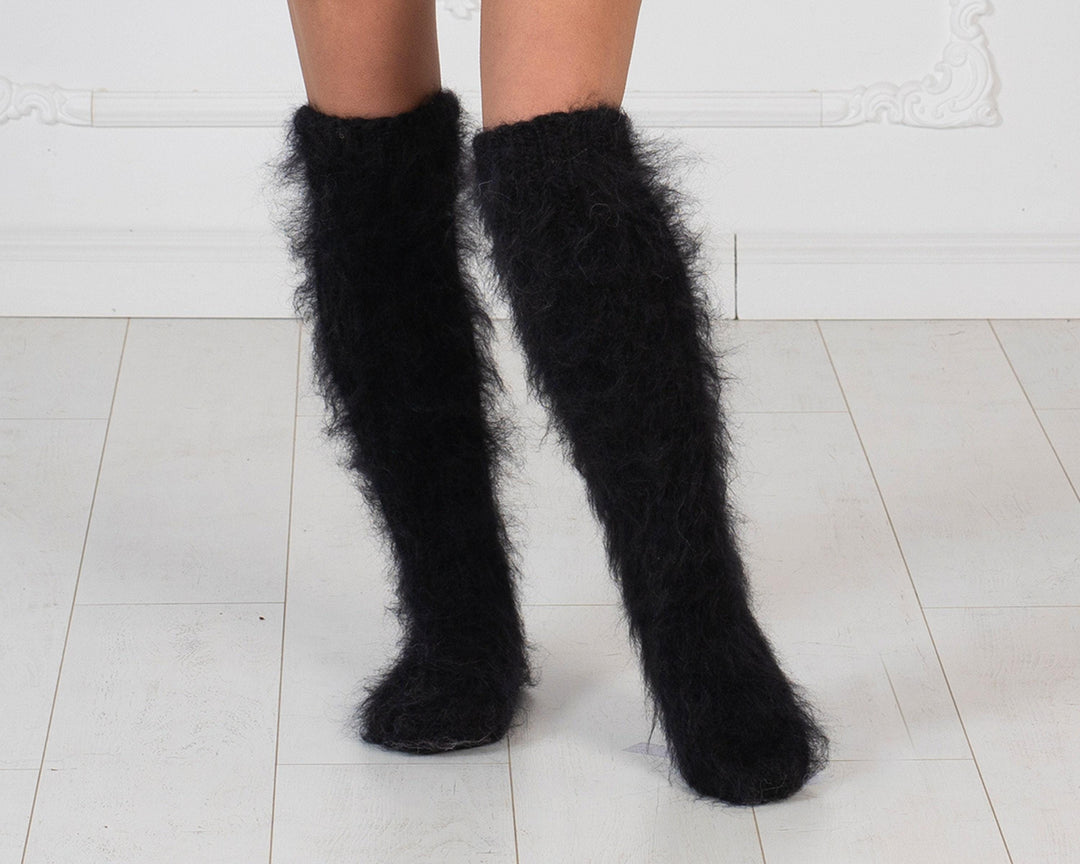 Black Mohair Socks – Hand Knitted Fluffy Fuzzy Legwarmers T1014