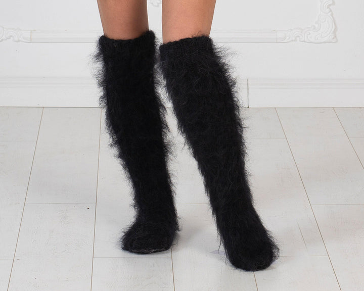 Black Mohair Socks – Hand Knitted Fluffy Fuzzy Legwarmers T1014