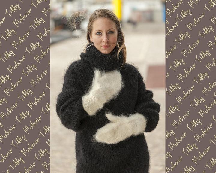 Ivory Mohair Mittens – Hand Knitted Fluffy Soft Winter Gloves T504