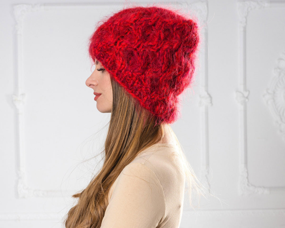 Red Melange Mohair Hat – Hand Knitted 4-Strand Cable Knit Fluffy Beanie T1003