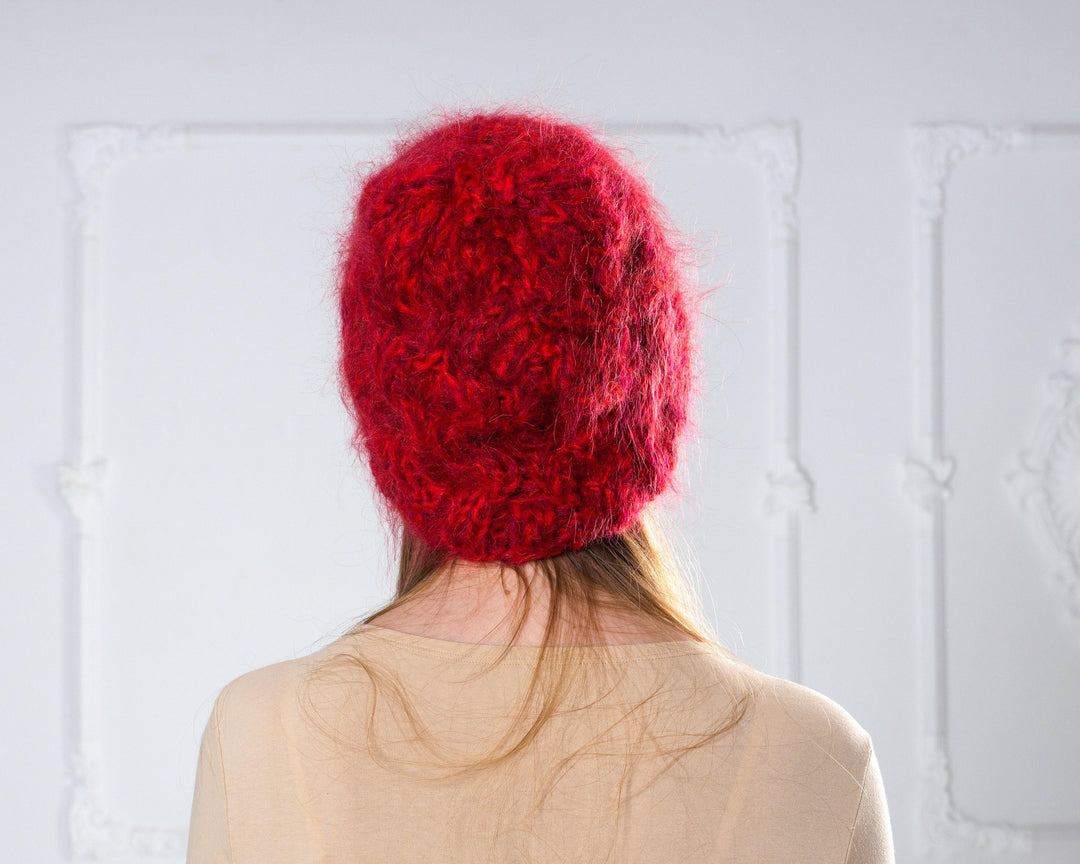 Red Melange Mohair Hat – Hand Knitted 4-Strand Cable Knit Fluffy Beanie T1003