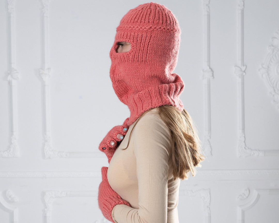 Pink Wool Balaclava – Hand Knitted Slouchy Wool Beanie Ski Mask T1007