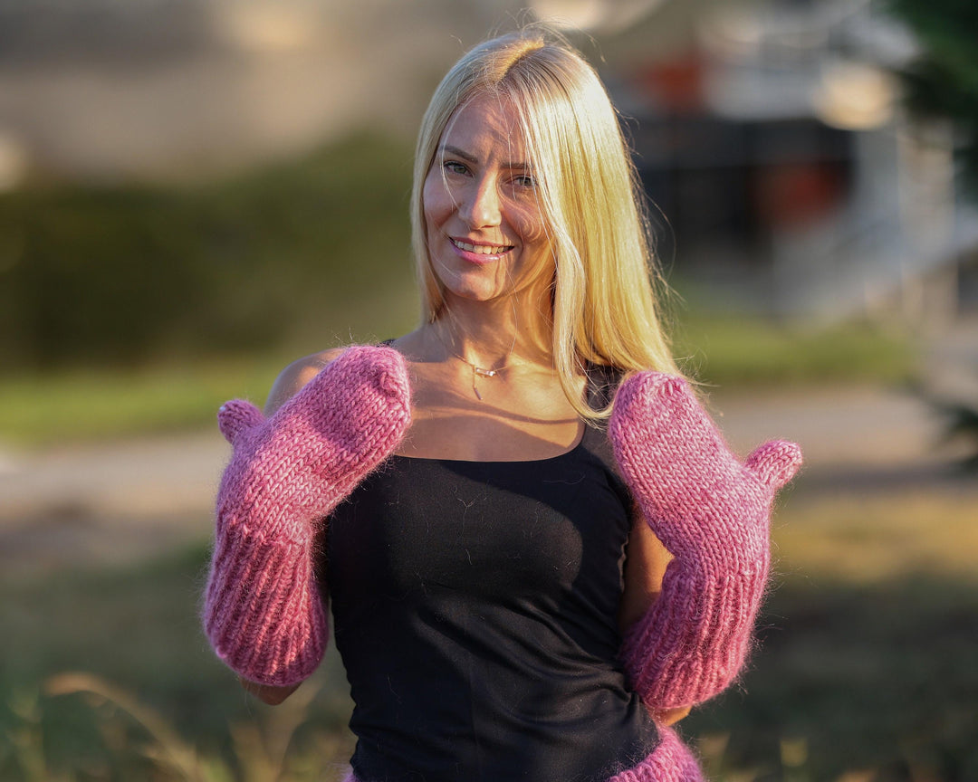 Pink Wool Mohair Mittens – Hand Knitted Fluffy Soft Winter Gloves T1486