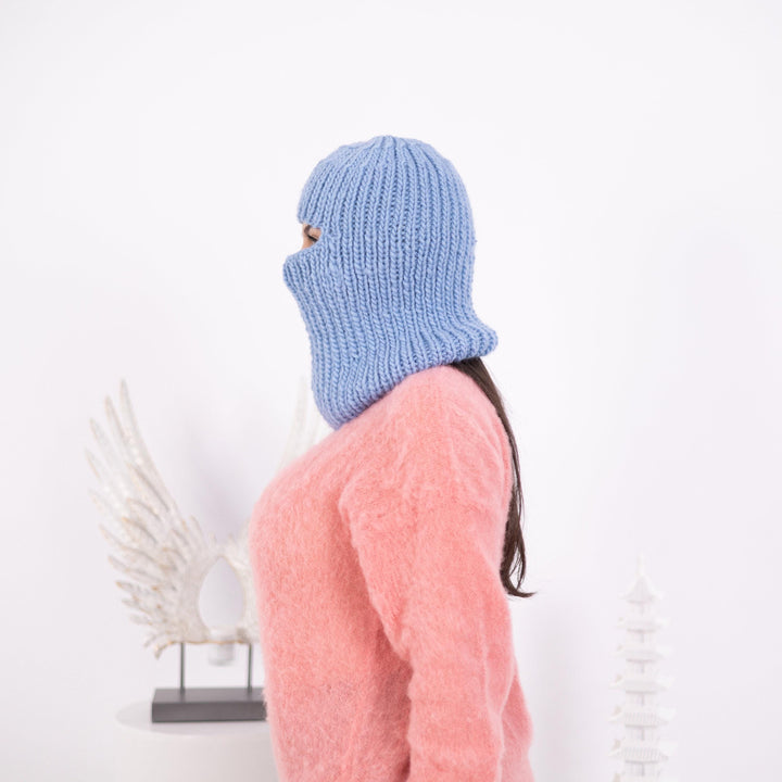 Blue Wool Balaclava – Hand Knitted Slouchy Beanie Ski Mask T1599