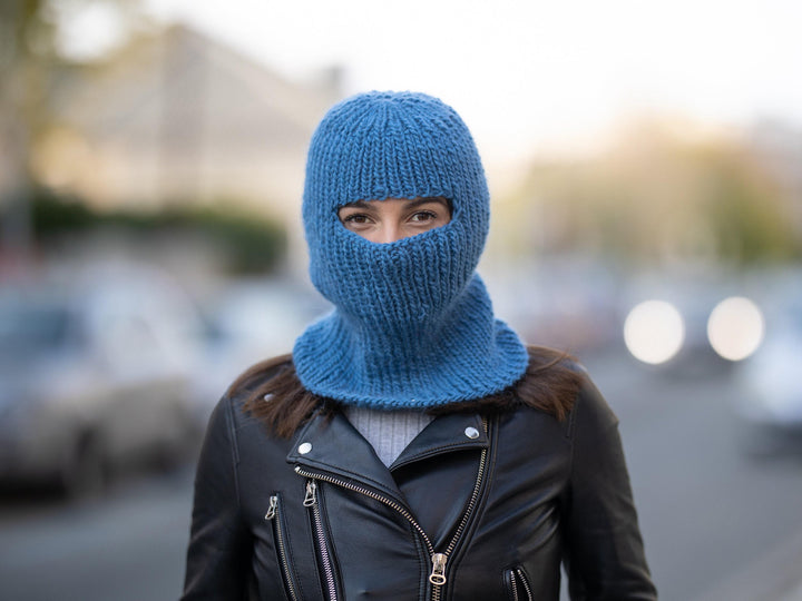 Blue Wool Balaclava – Hand Knitted Slouchy Beanie Ski Mask T1169