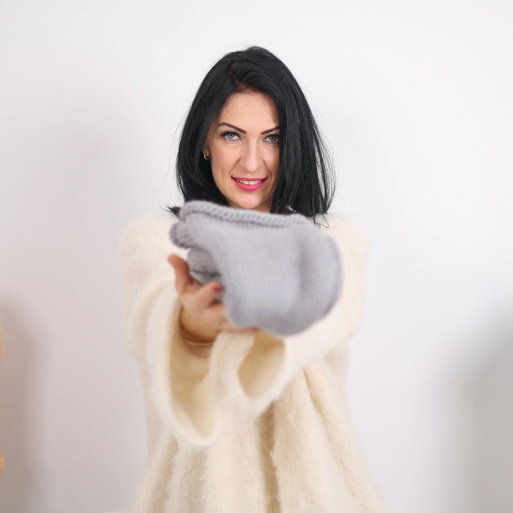 Gray Wool Scarf – Hand Knitted Unisex Soft Wool Neck Warmer T1616