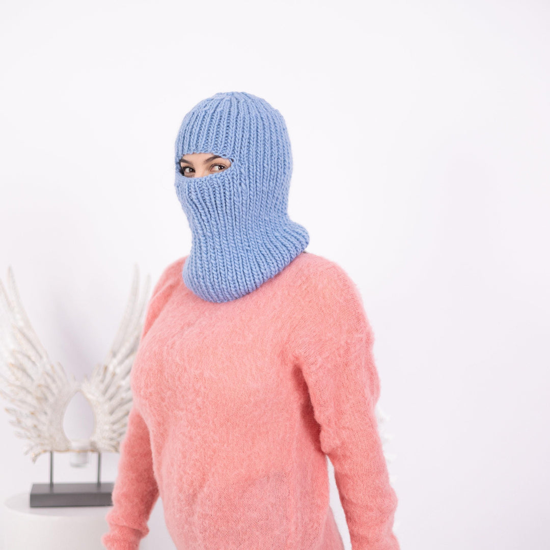 Blue Wool Balaclava – Hand Knitted Slouchy Beanie Ski Mask T1599