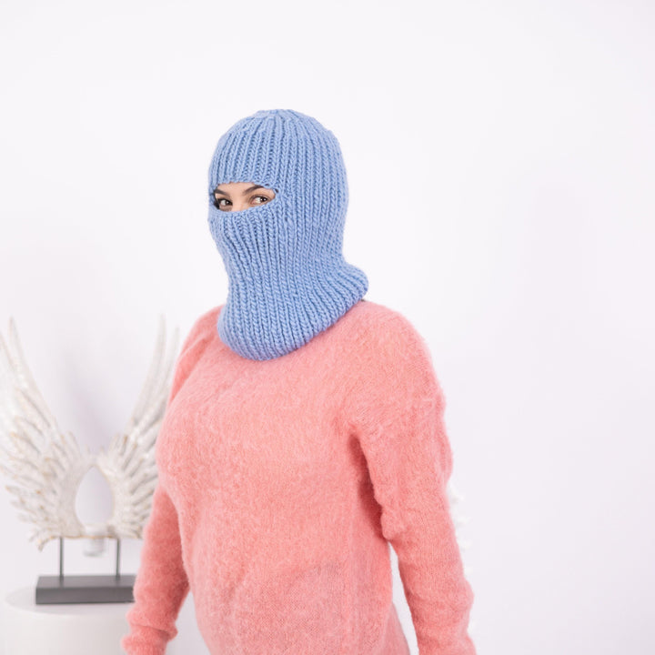 Blue Wool Balaclava – Hand Knitted Slouchy Beanie Ski Mask T1599