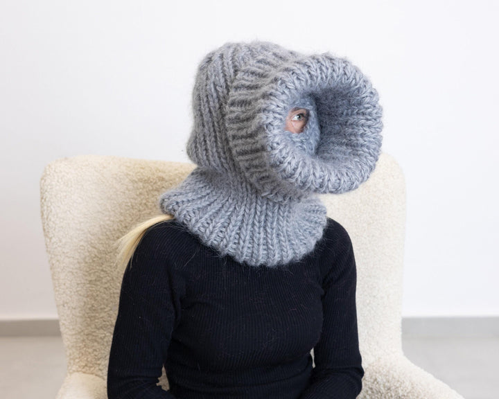 Mohair Wool Balaclava – Hand Knitted Chunky Winter Hood T1527