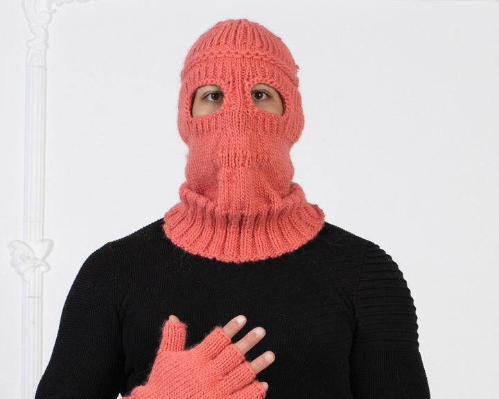 Hand Knit Wool Fingerless Gloves, Pink Woolen Mittens T1009