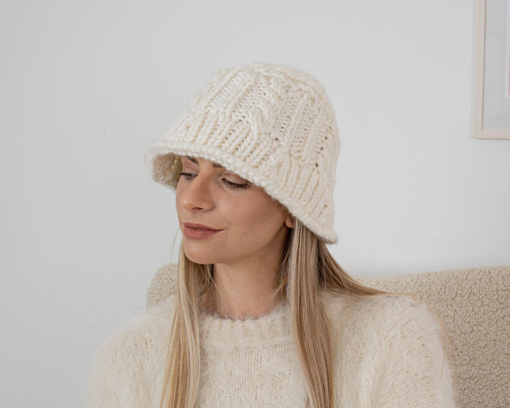 Cream Wool Hat – Hand Knitted 100% Woolen Beanie T1347